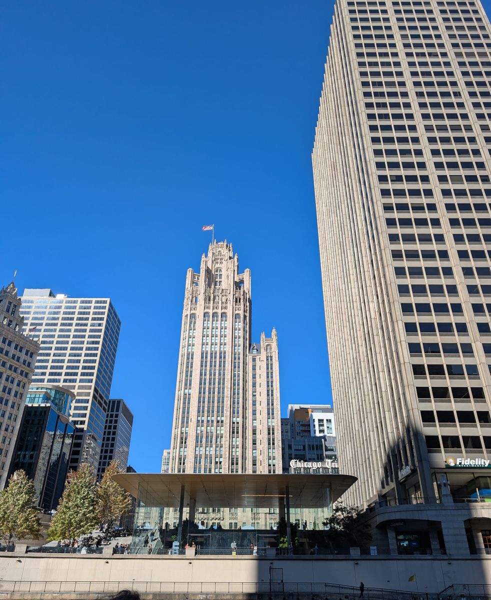 Tribune Tower behind the Apple store on the riverbank
