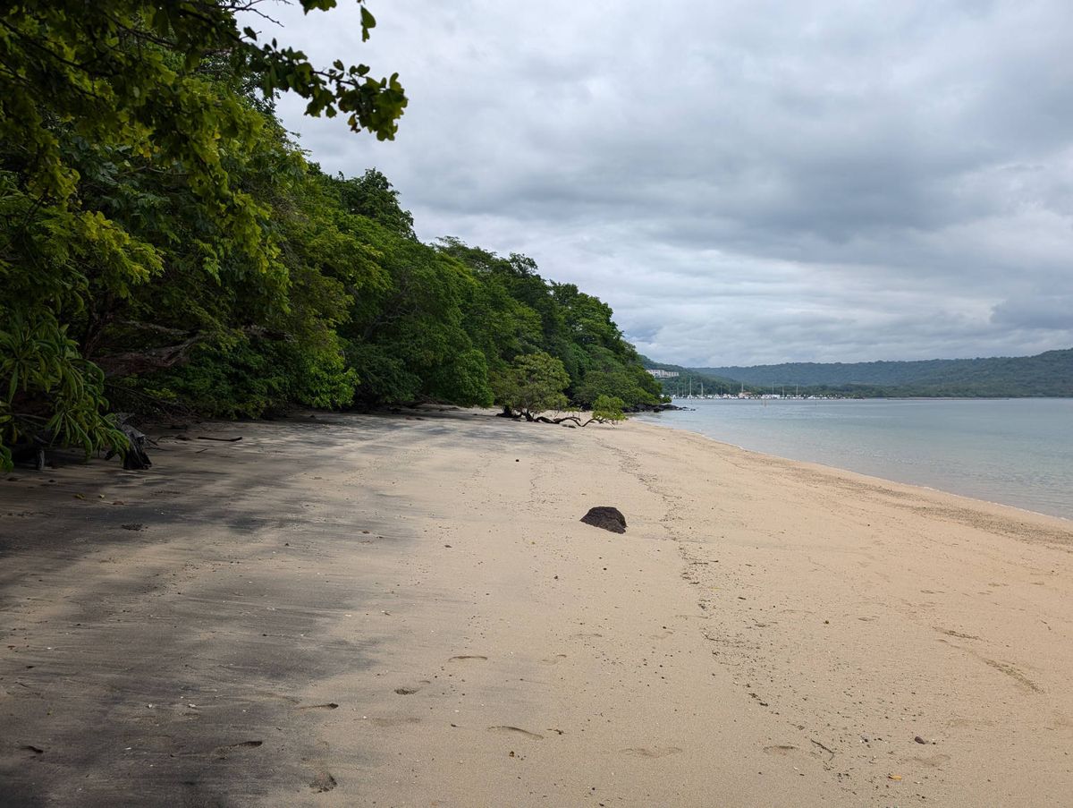 The beach curving away