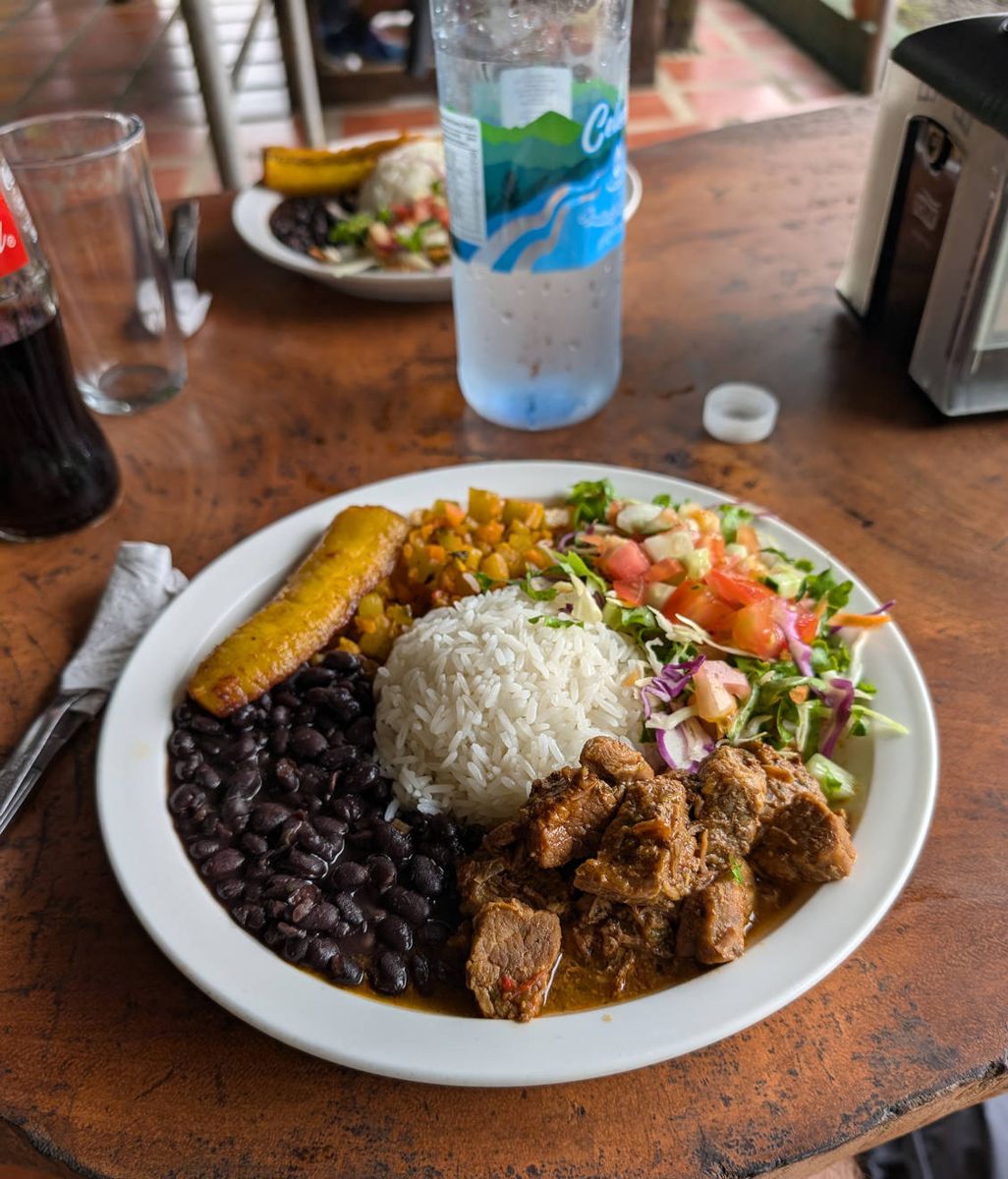 Lunch: a casado with beef, rice, beans and plantain