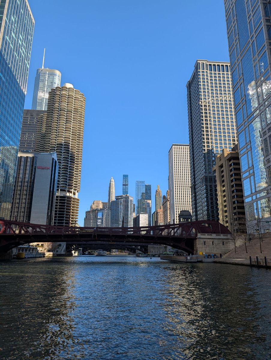 Marina City and the Clark Street bridge from the Chicago River