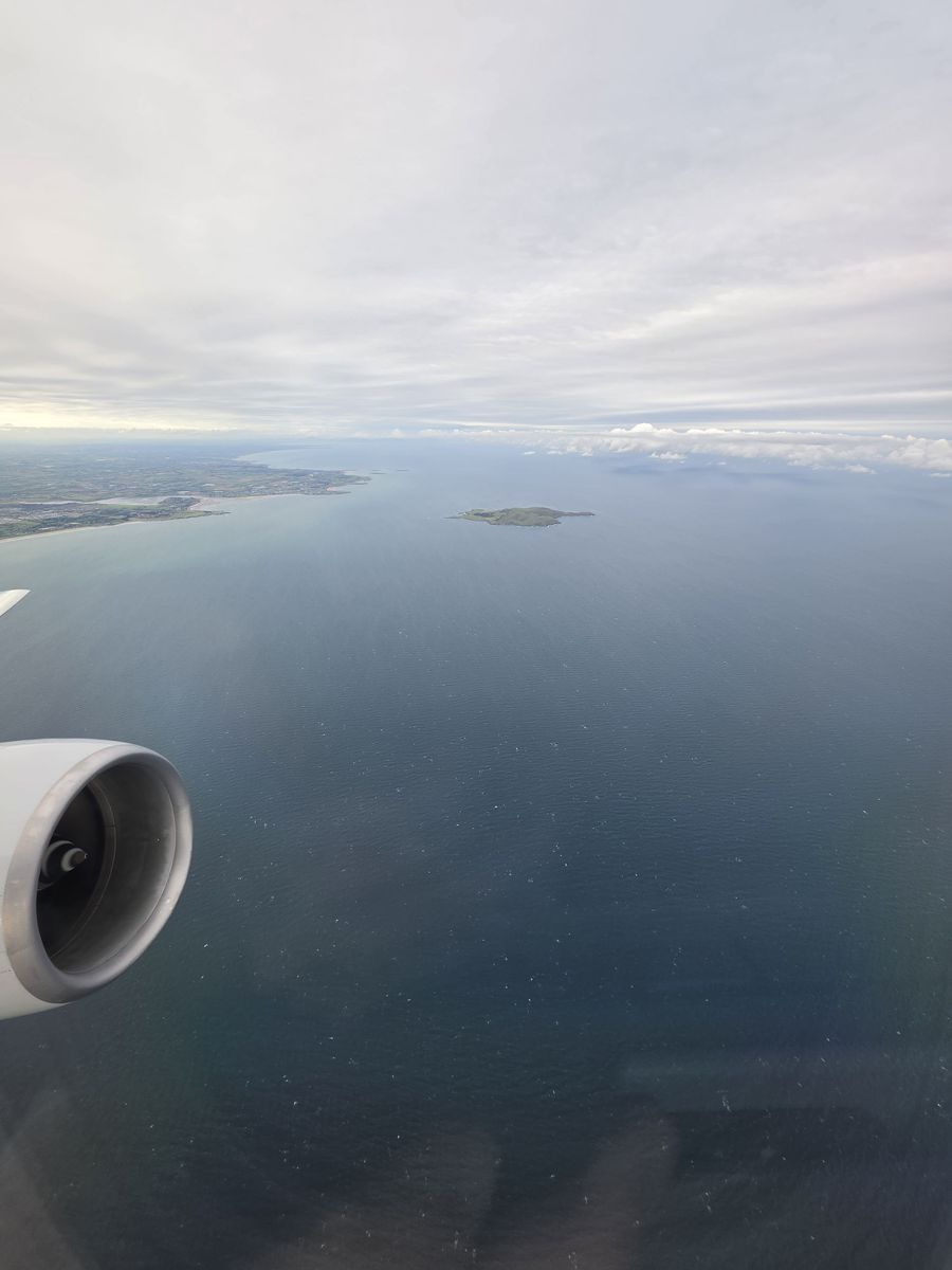 The Irish coast falling away after takeoff
