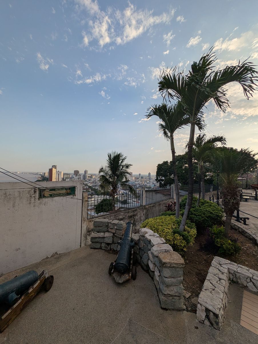 Old cannons along the wall, with downtown and the river below