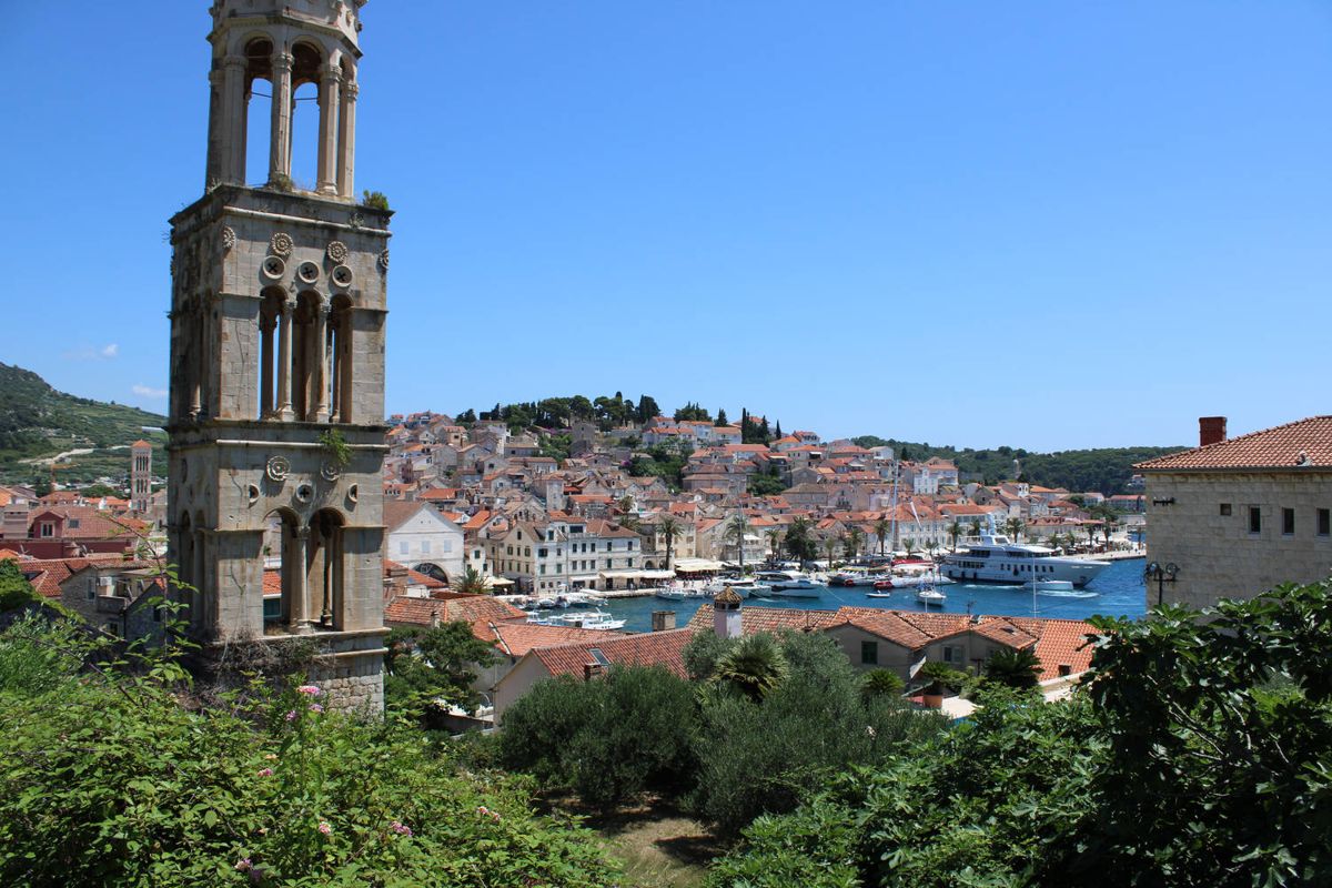 A bell tower over the harbor