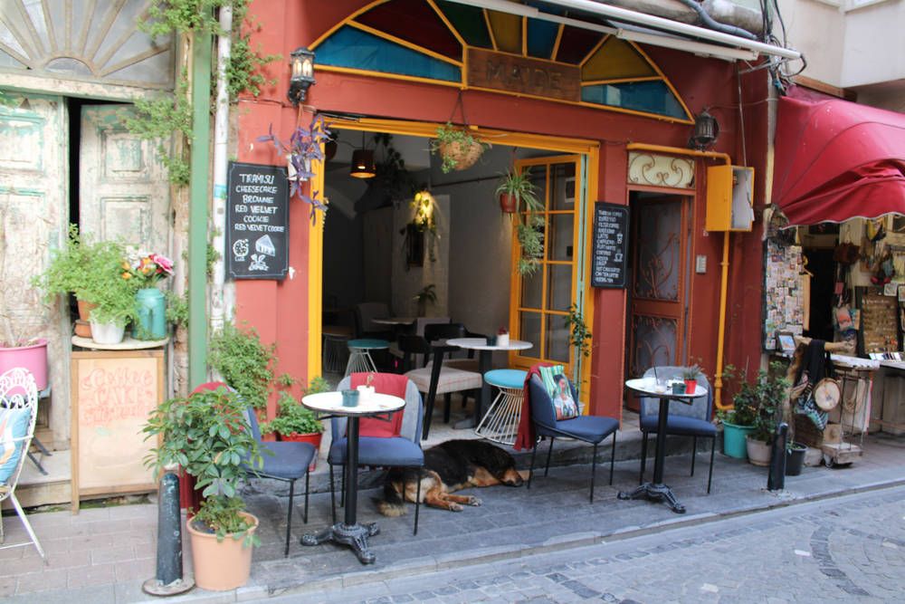 A bright café with tables out front