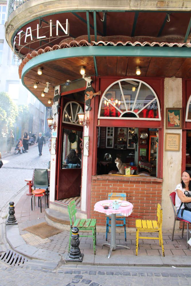 A round red café on a corner