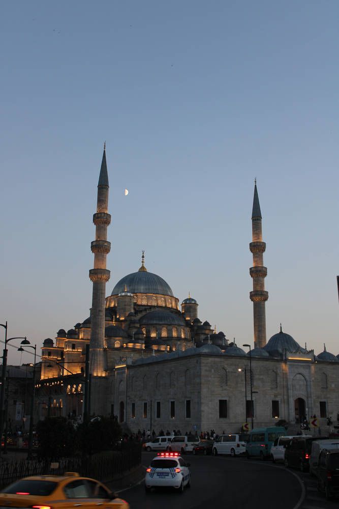 The mosque lit up at dusk
