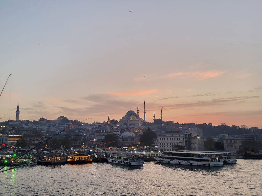 The skyline across the water at sunset