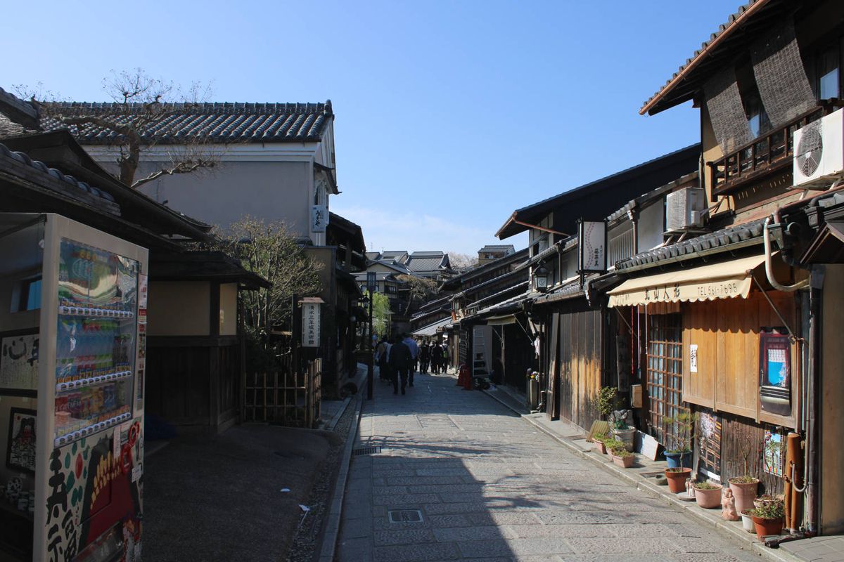 Wooden shopfronts along the lane