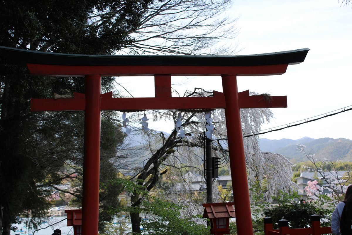 A red torii by the water