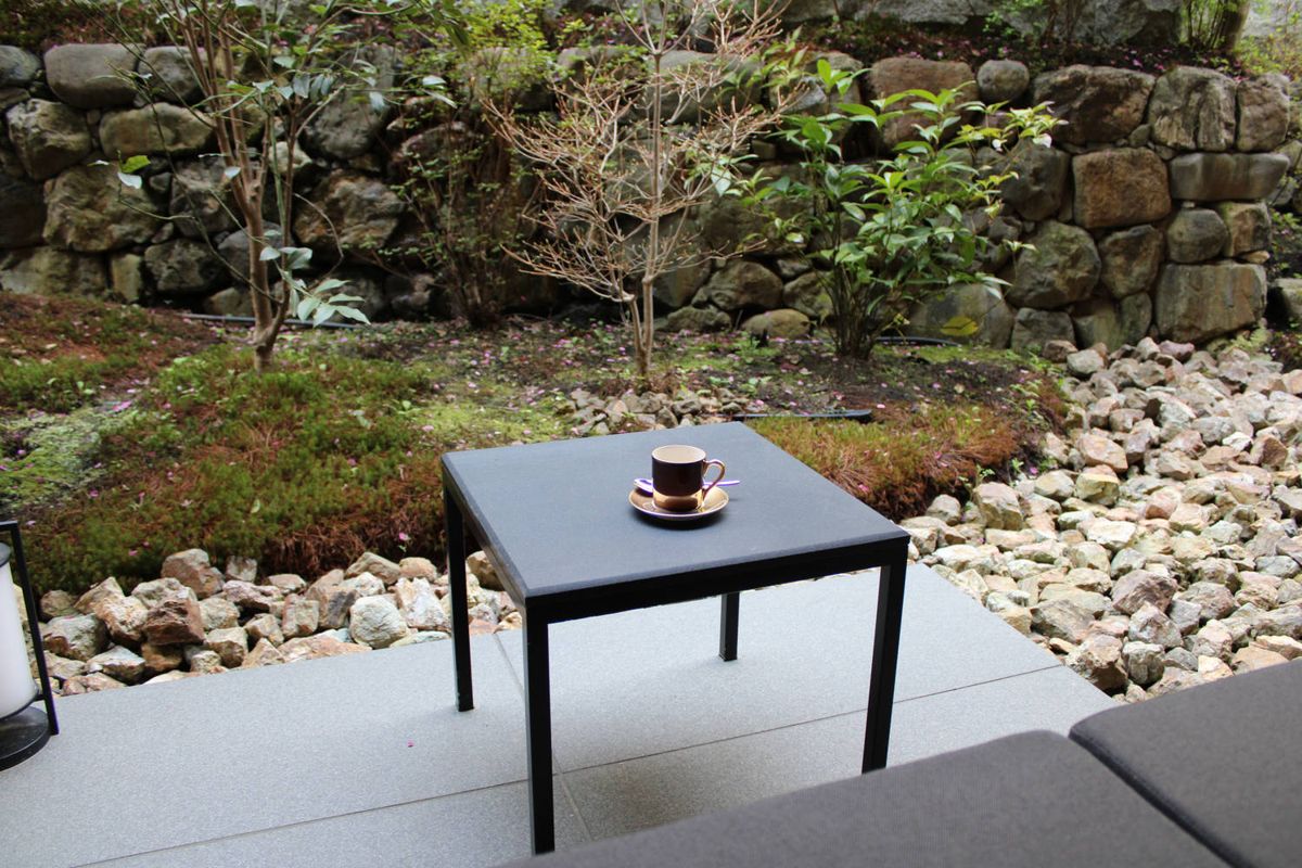 A small table on the garden terrace