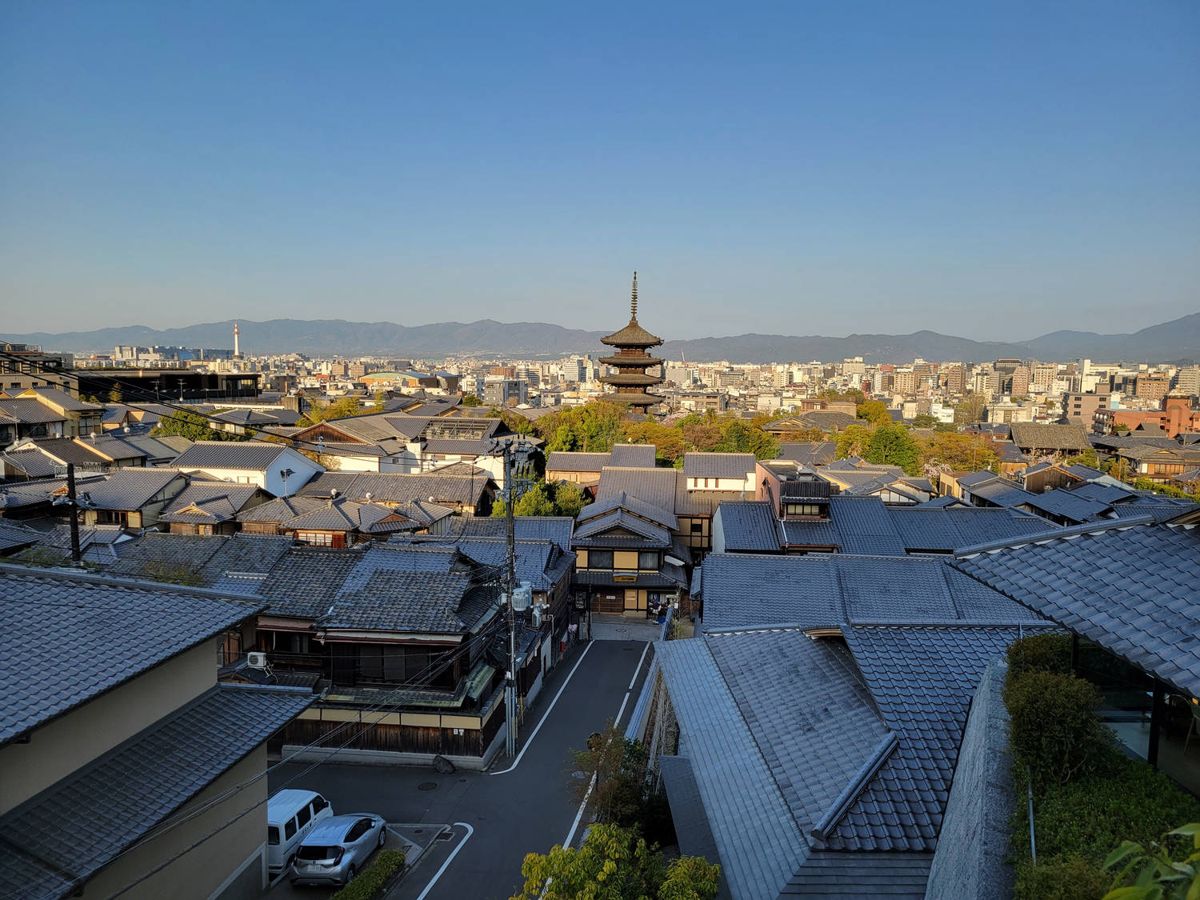 Morning view over the rooftops to a pagoda
