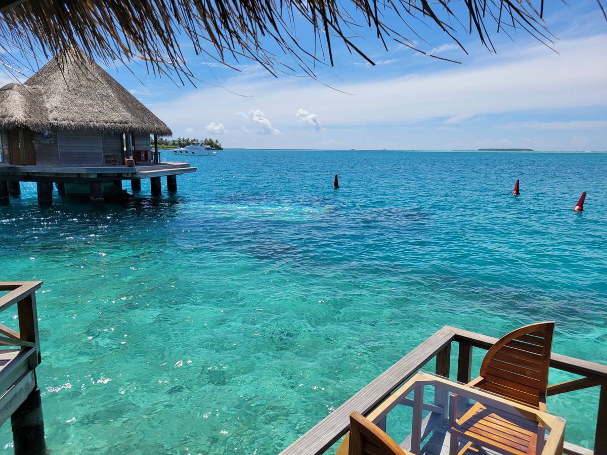 The lagoon from the deck, villas on stilts