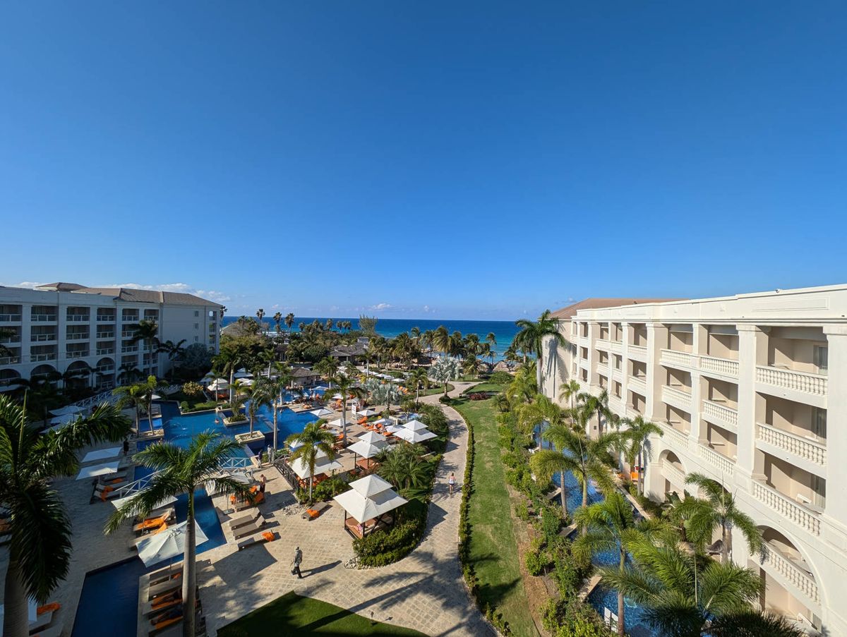The pools and gardens between the hotel wings
