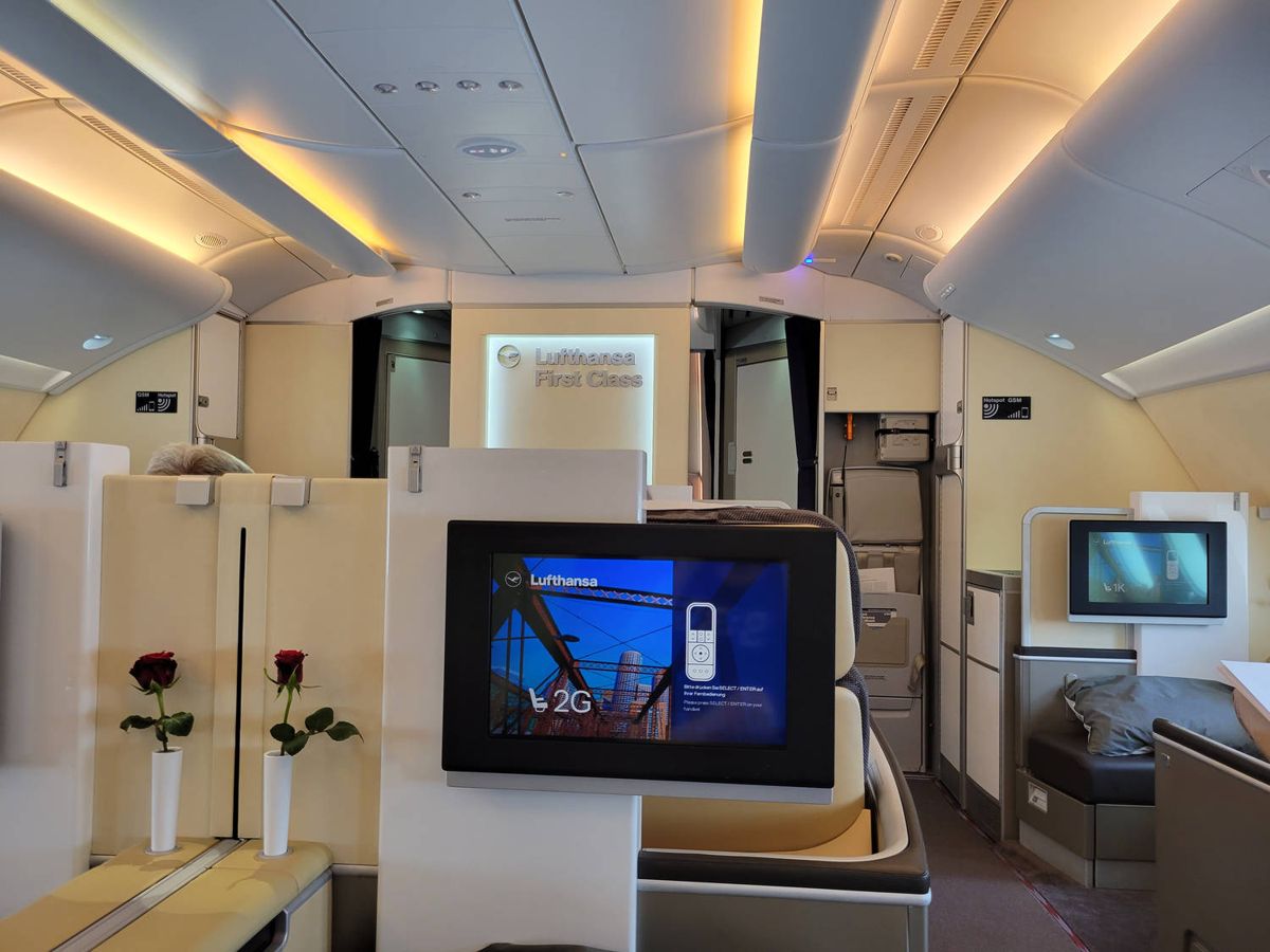 The first class cabin on the upper deck, from seat 2G