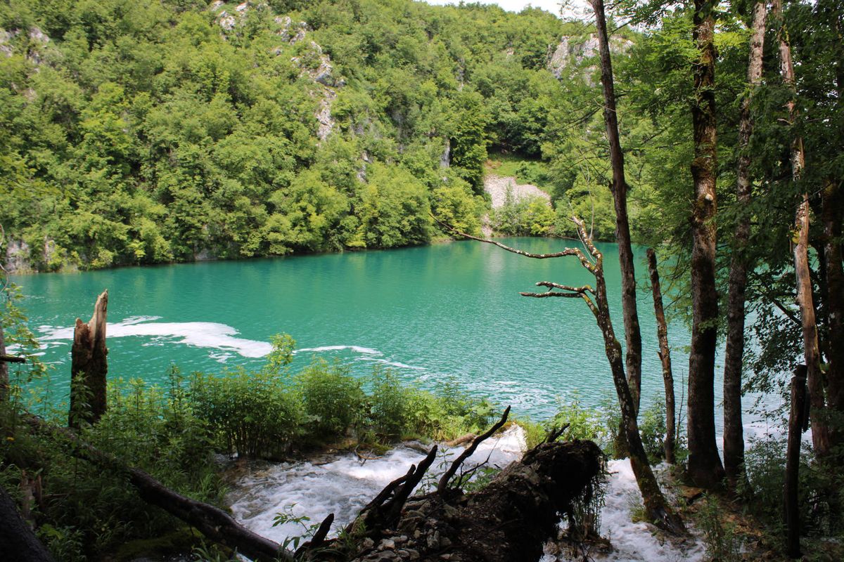 The lake beyond a cascade