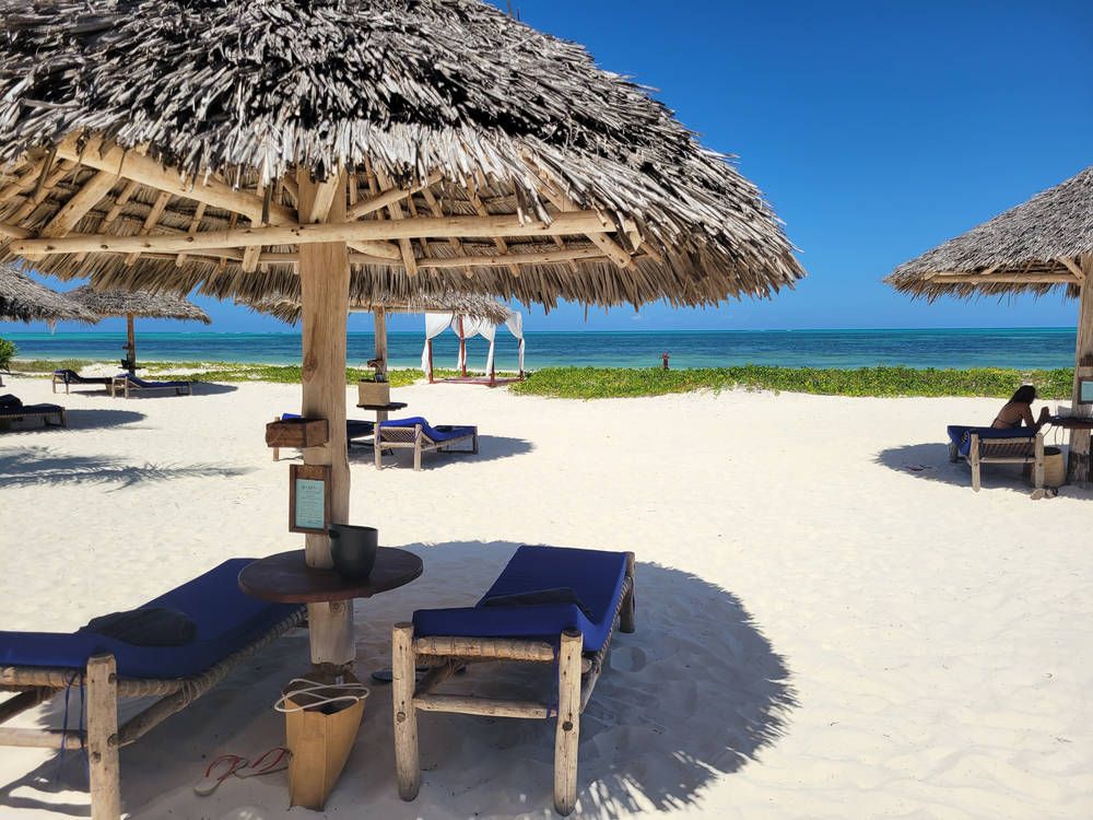 Loungers under a thatched umbrella on the beach